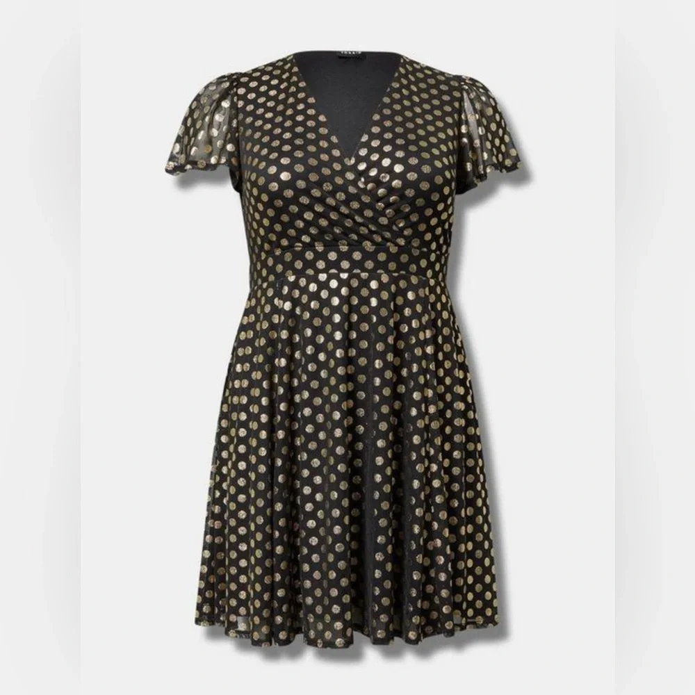 Torrid Black Polkadot Gold Flutter Sleeve Mini Dress, Large, NWT! - Picture 10 of 16
